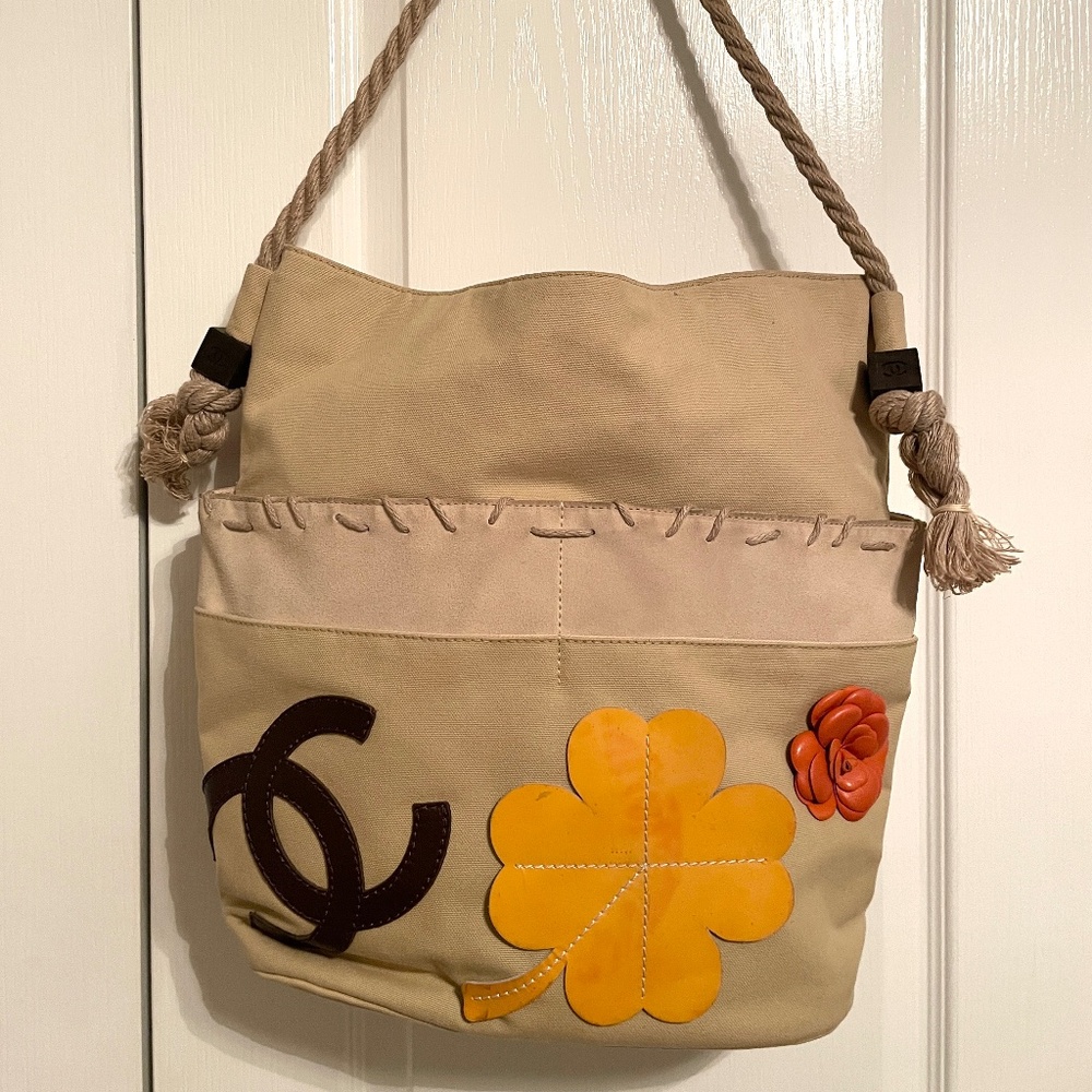 Authentic Chanel Fishnet Rope Coco Mark Camellia Tote Canvas Leather Beige